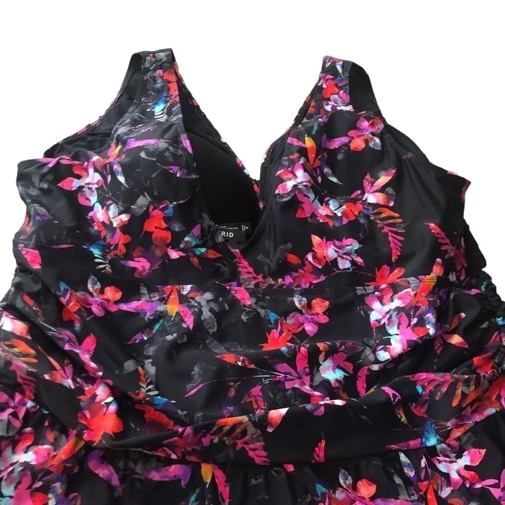 Torrid Floral Swimdress 6X/30 Black Coral Violet Halter Top Inner Bra Skirted